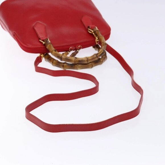 GUCCI Bamboo Hand Bag Leather 2way Red Gold Auth gh613 - Picture 9 of 16